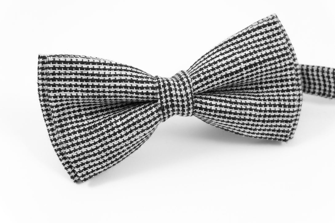 Black white checkered men's linen bow tie - unique anniversary gift for husband or boyfriend