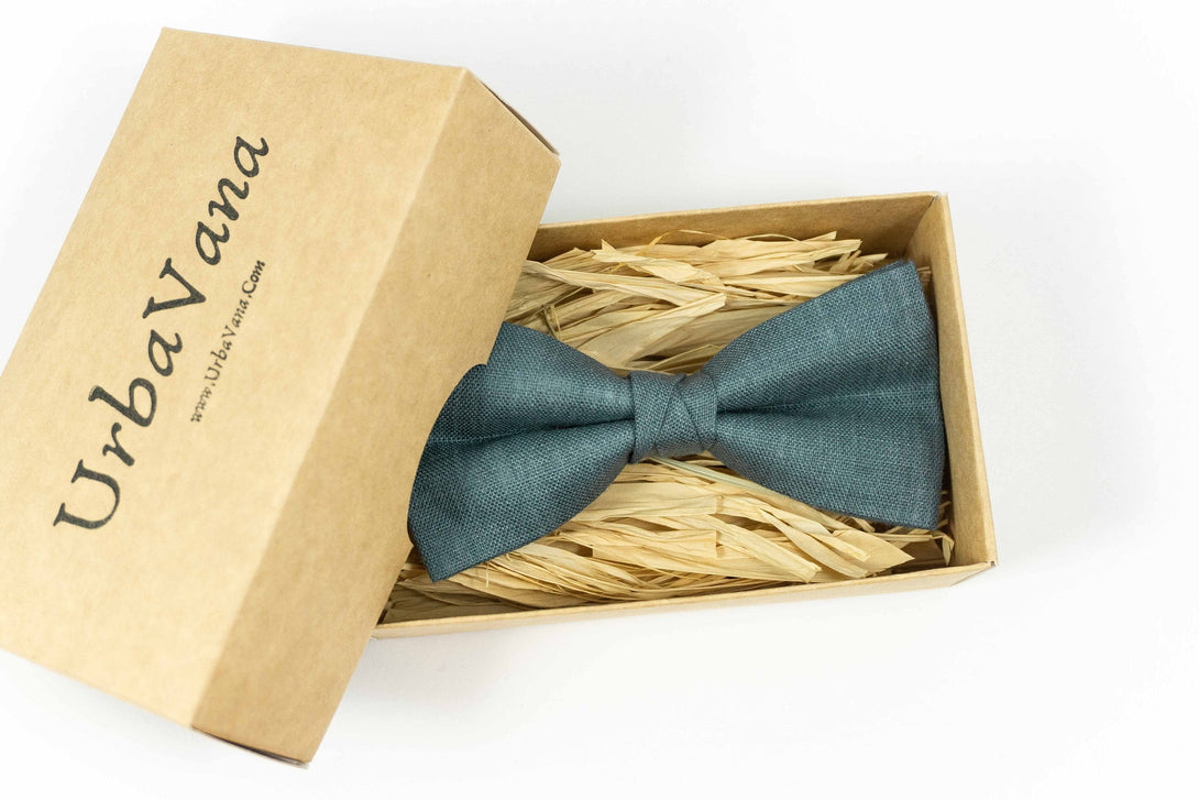 Blue grey pre-tied classic linen bow ties for men