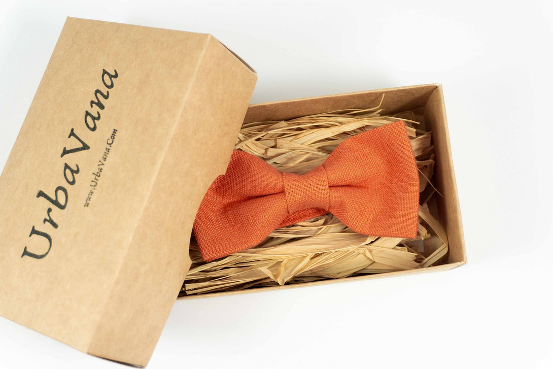 Orange color linen wedding bow tie for groomsmen gift - Pre-tied linen bow ties for men and toddler boys