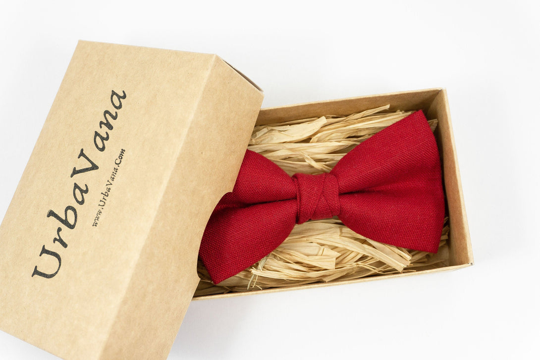 Red linen pre tied groomsmen bow ties for weddings - red wedding necktie for groomsmen