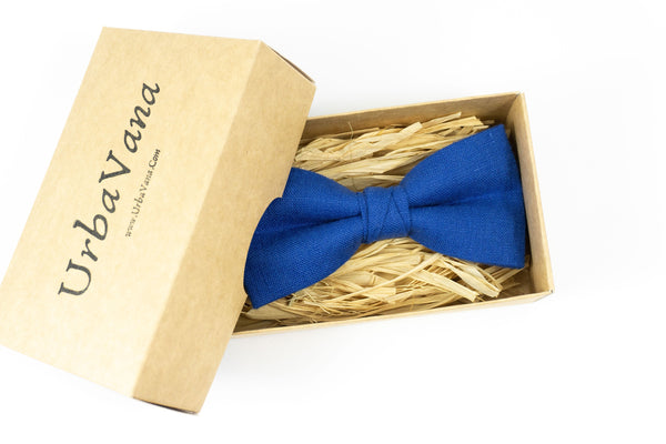 Royal blue pre-tied linen groomsmen bow ties for wedding