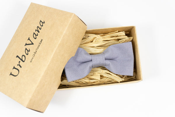 Lilac Gray pre-tied groomsmen bow tie in gift box, ideal for weddings, showcasing elegant style from UrbaVana's fashion accessory collection.