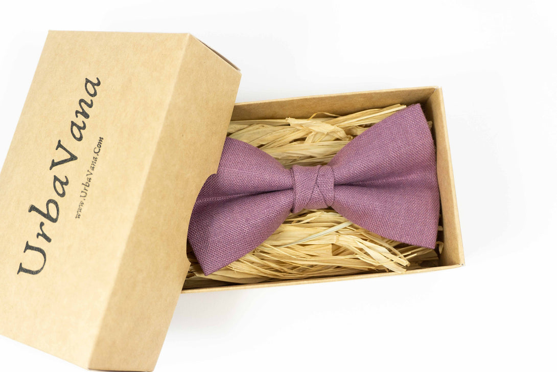 Purple pre-tied linen groomsmen bow ties for wedding