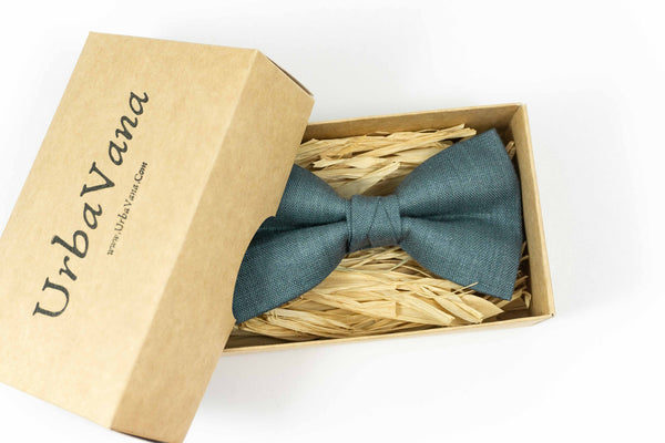 Blue grey pre-tied bow ties for weddings - linen groomsmen bow ties for groomsmen gifts