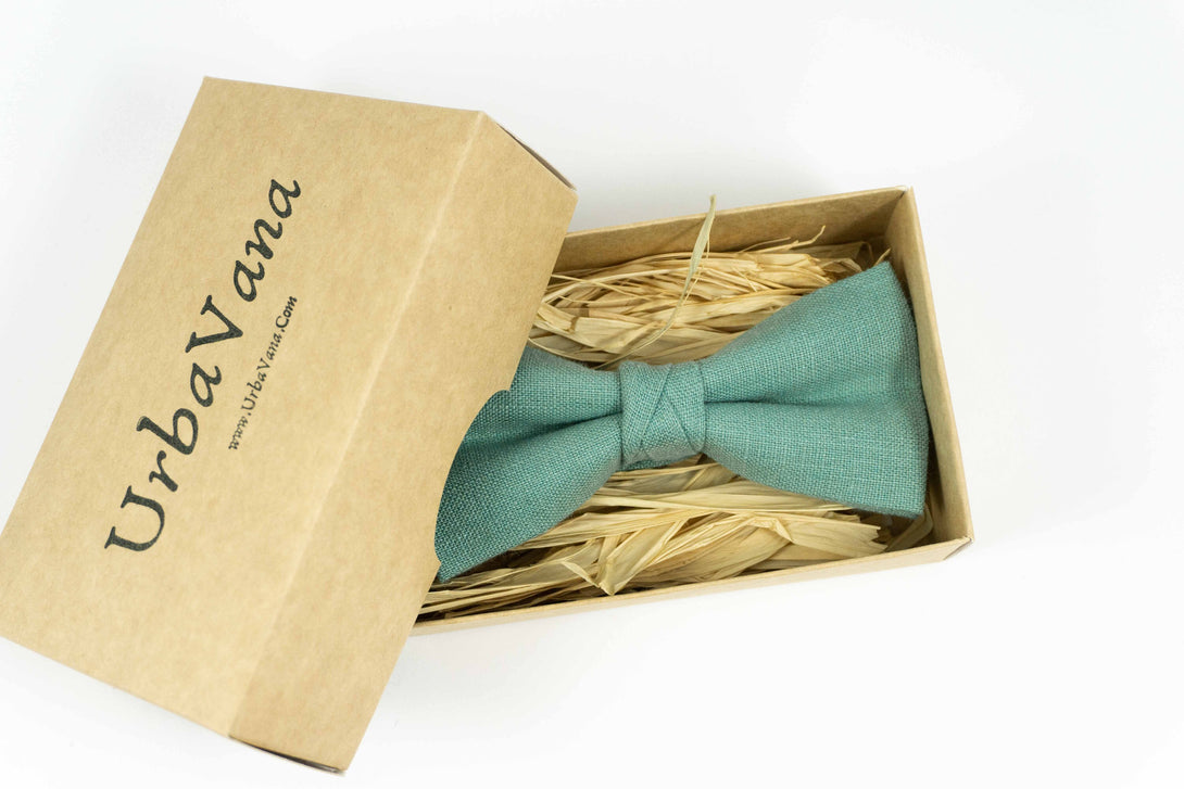 Sea green linen wedding bow tie for groomsmen