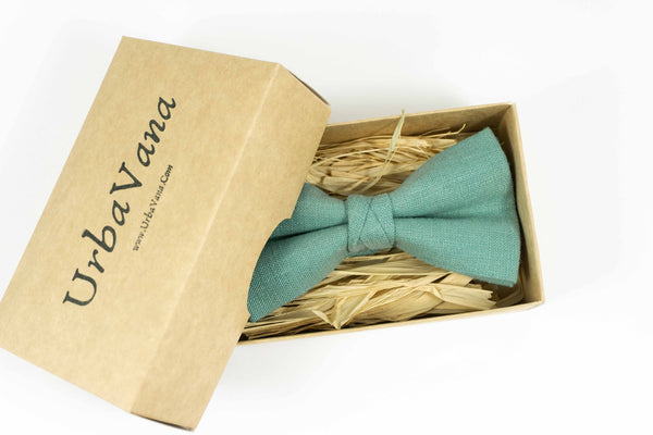 Sea green color linen wedding bow ties available with matching pocket square - green bow ties for men and boys as wedding gift ideas