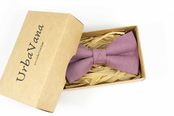 Purple linen pre tied bow ties for weddings available with matching pocket square