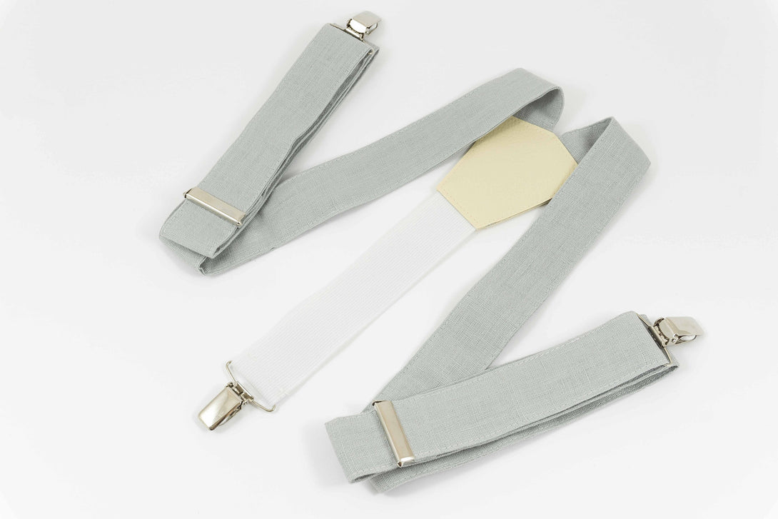 Dusty grey color adjustable Y-back linen wedding suspenders for groomsmen and groom