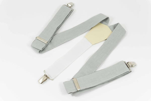 Dusty grey color adjustable Y-back linen wedding suspenders for groomsmen and groom