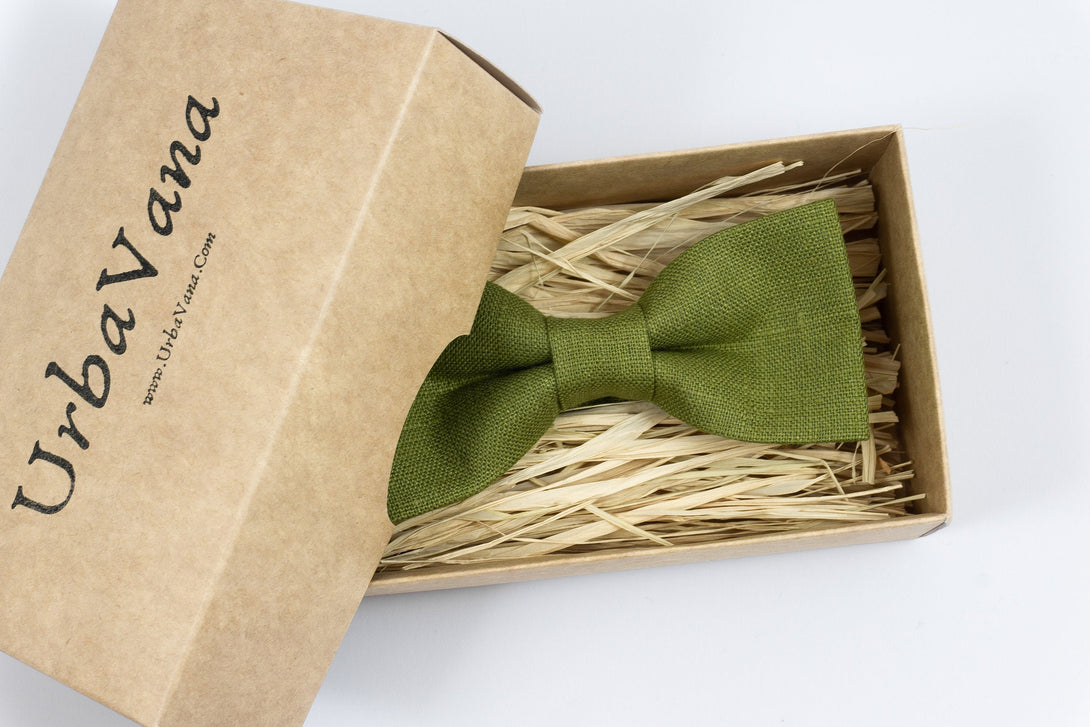 Light olive green mens wedding bow ties for groomsmen and groom / eco-friendly linen bow ties for men and baby boys