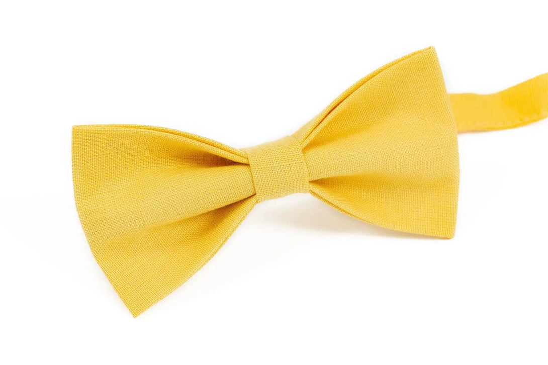 Bright Yellow color pre-tied best men ties for wedding available with matching pocket square / Linen usher and groomsmen ties