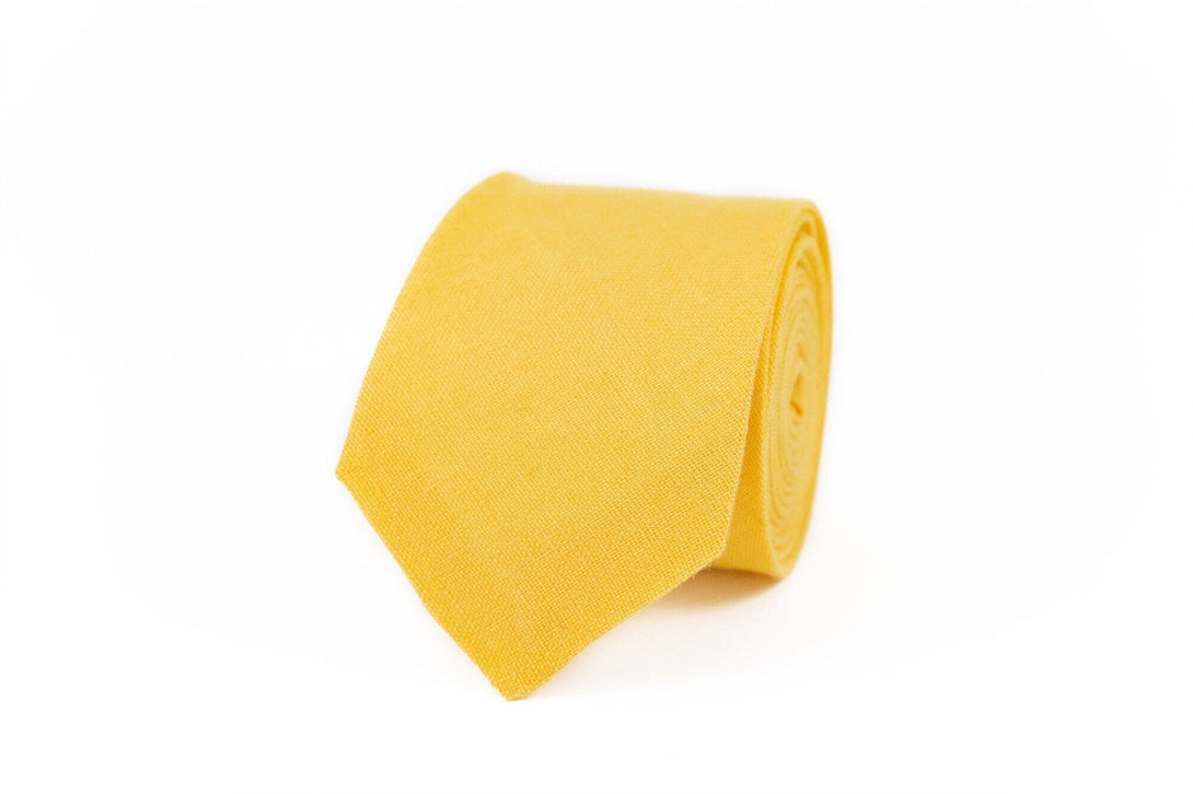 Bright Yellow color linen groomsmen necktie for wedding / Skinny slim or standard necktie for man