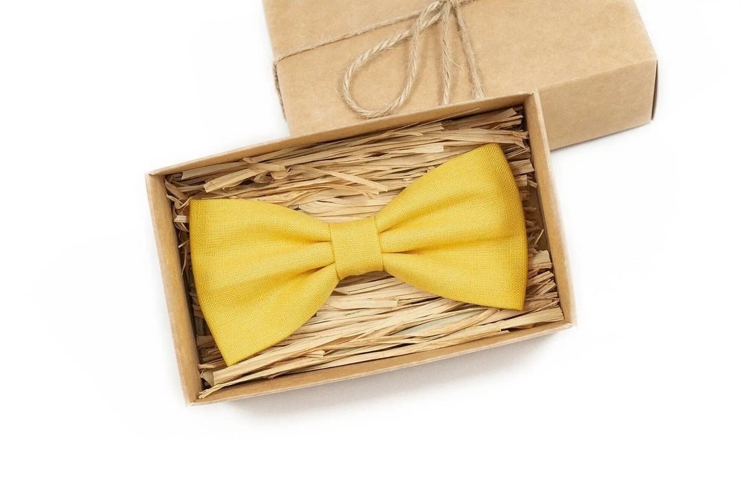 Bright Yellow color linen wedding bow ties for groomsmen / Anniversary gift for husband or boyfriend