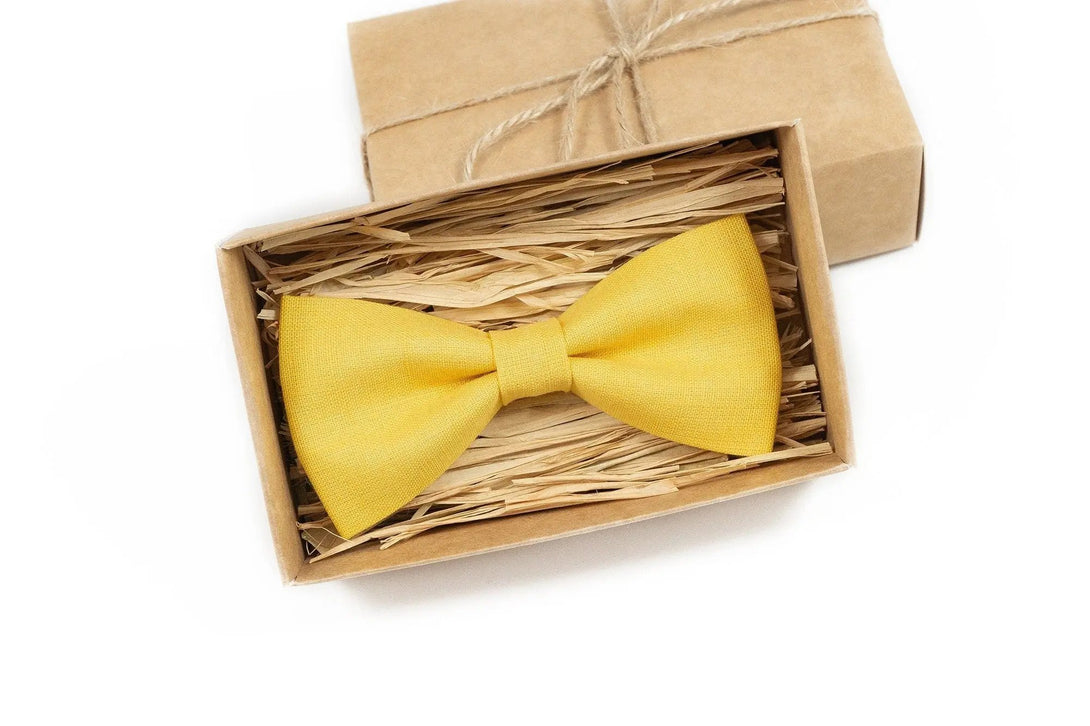 Bright Yellow color linen men's ties available with matching pocket square / Wedding neckties for groomsmen