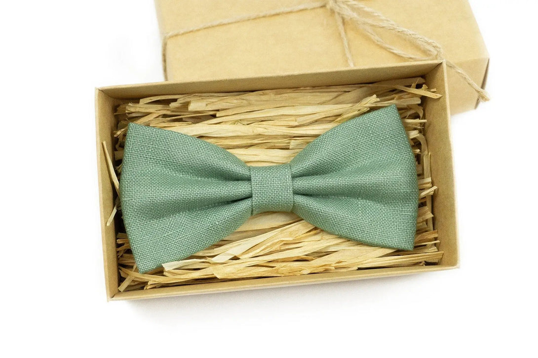 Sage green linen butterfly men's bow ties / Pre-tied wedding bow ties for groomsmen proposal gift