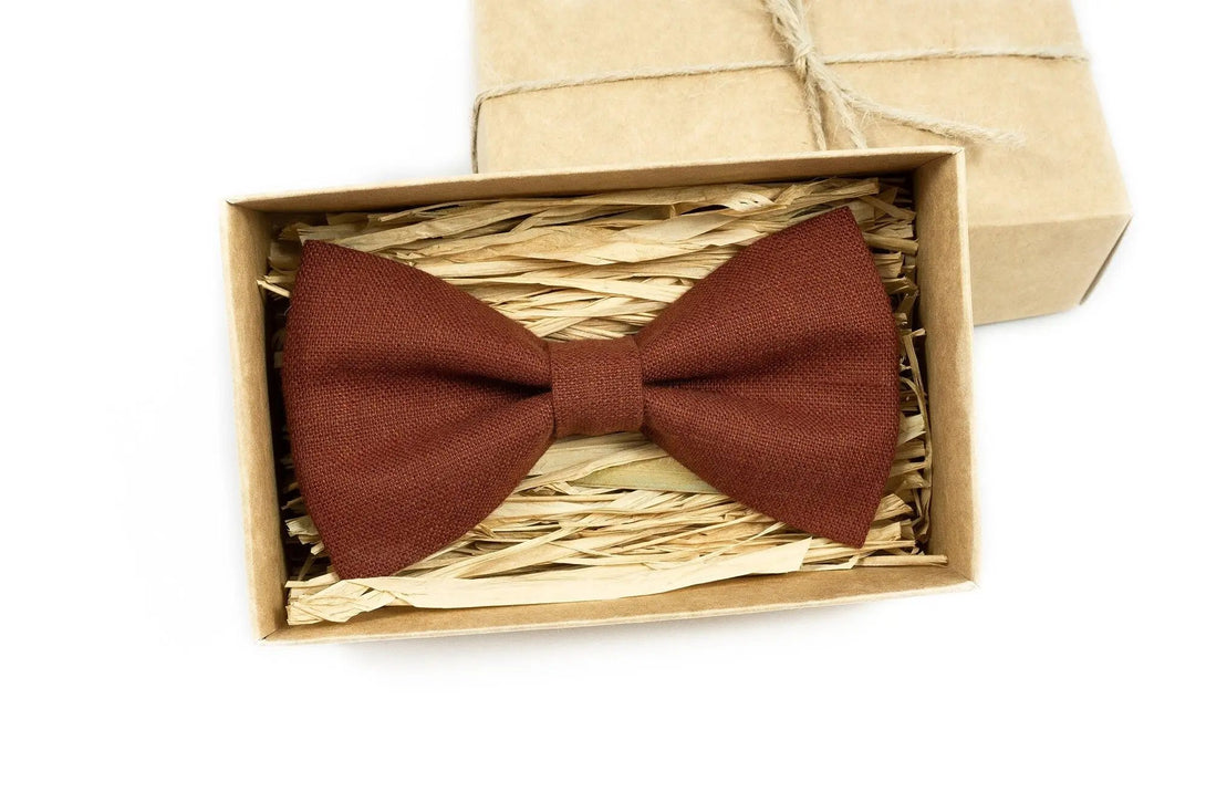 Rust color linen groomsmen bow ties for weddings / Unique eco-friendly linen gift for men husband or boyfriend