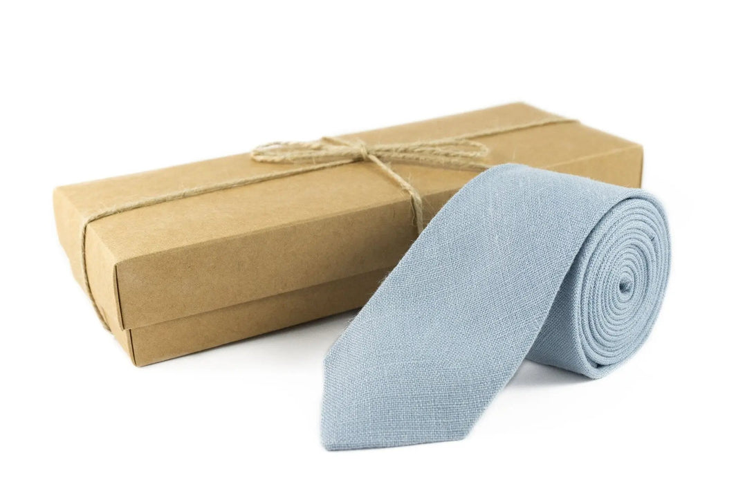 Dusty blue color linen pocket square / handkerchief available with skinny slim or standard groomsmen neckties for weddings