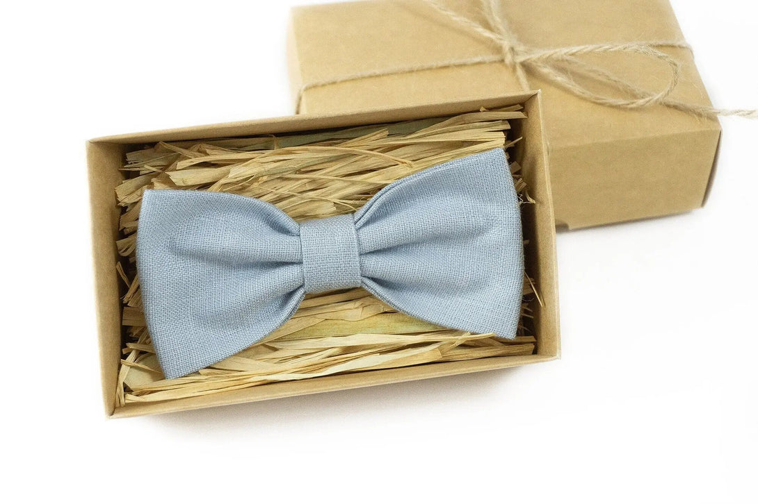 Dusty blue best men ties for weddings / Handmade linen bow ties as unique anniversary gift for husband