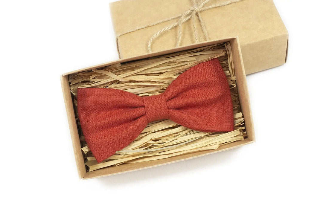 Red Brick color linen bow ties for men and kids / Wedding bow ties for groomsmen and groom