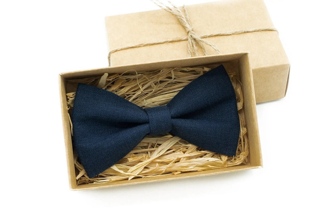 Midnight Blue color linen groomsmen bow ties for weddings / Unique gift for men husband or boyfriend