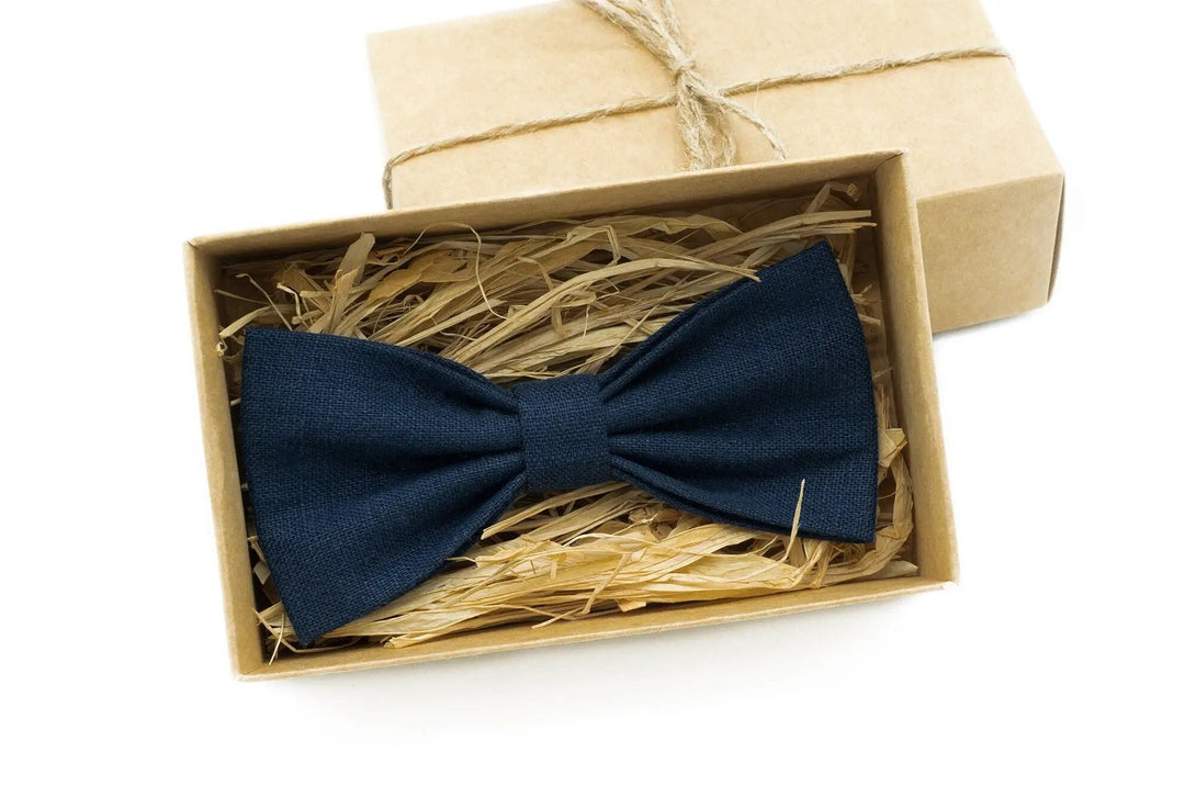 Midnight Blue color linen bow ties for men and baby boys / Pre-tied bow ties available with matching pocket square