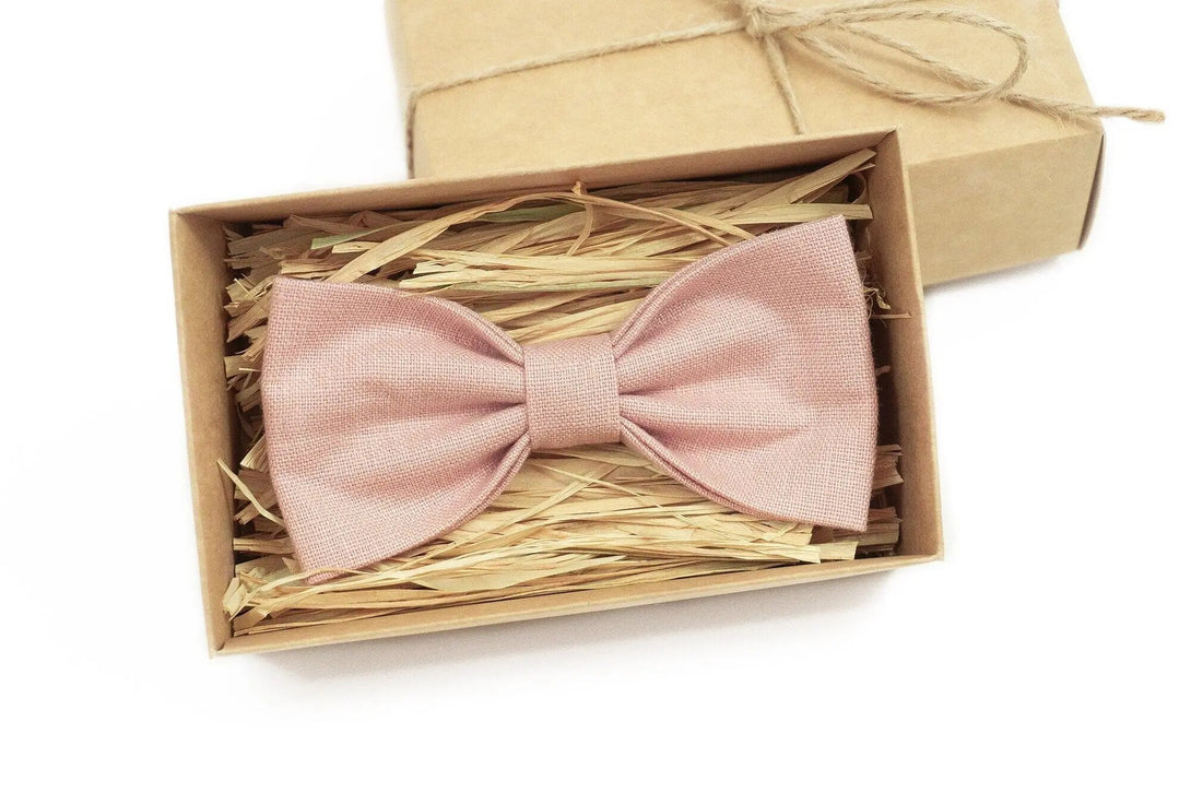 Dusty pink linen bow ties for men and baby boys / Pre-tied bow ties available with matching pocket square