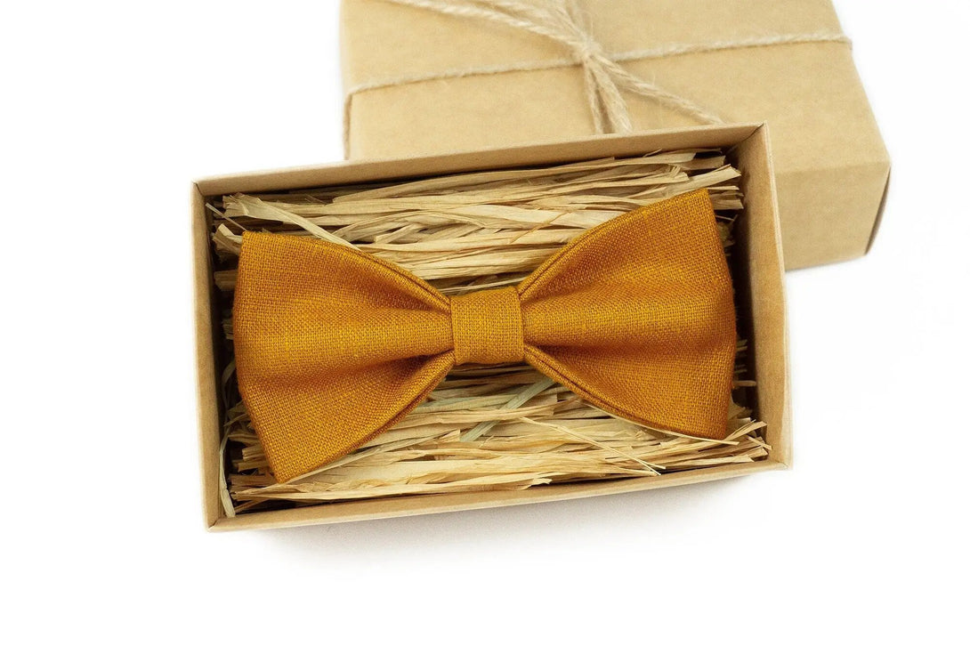 Mustard color linen best men ties for weddings / Daddy and son bow ties for fathers day gift for men