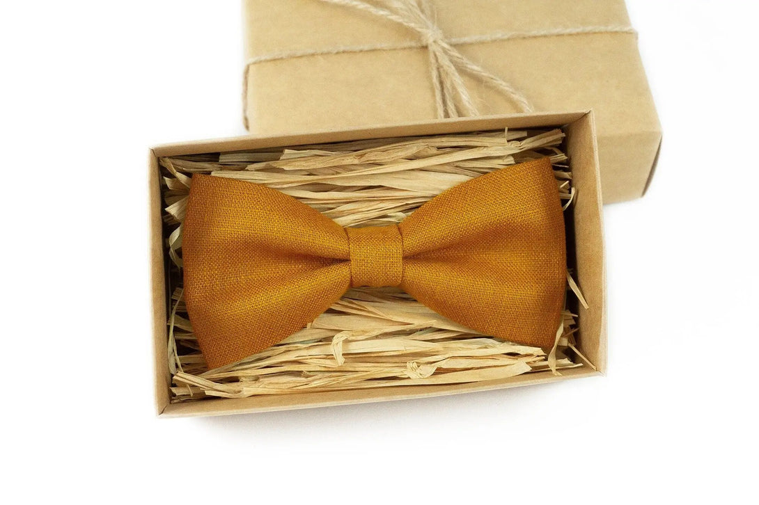 Mustard color linen classic groomsmen bow ties for weddings / Unique handmade gift for father or husband