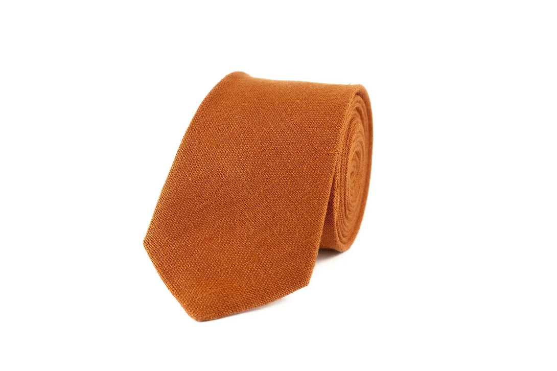 Burnt orange classic linen men's bow ties available with matching pocket square / Skinny or slim necktie