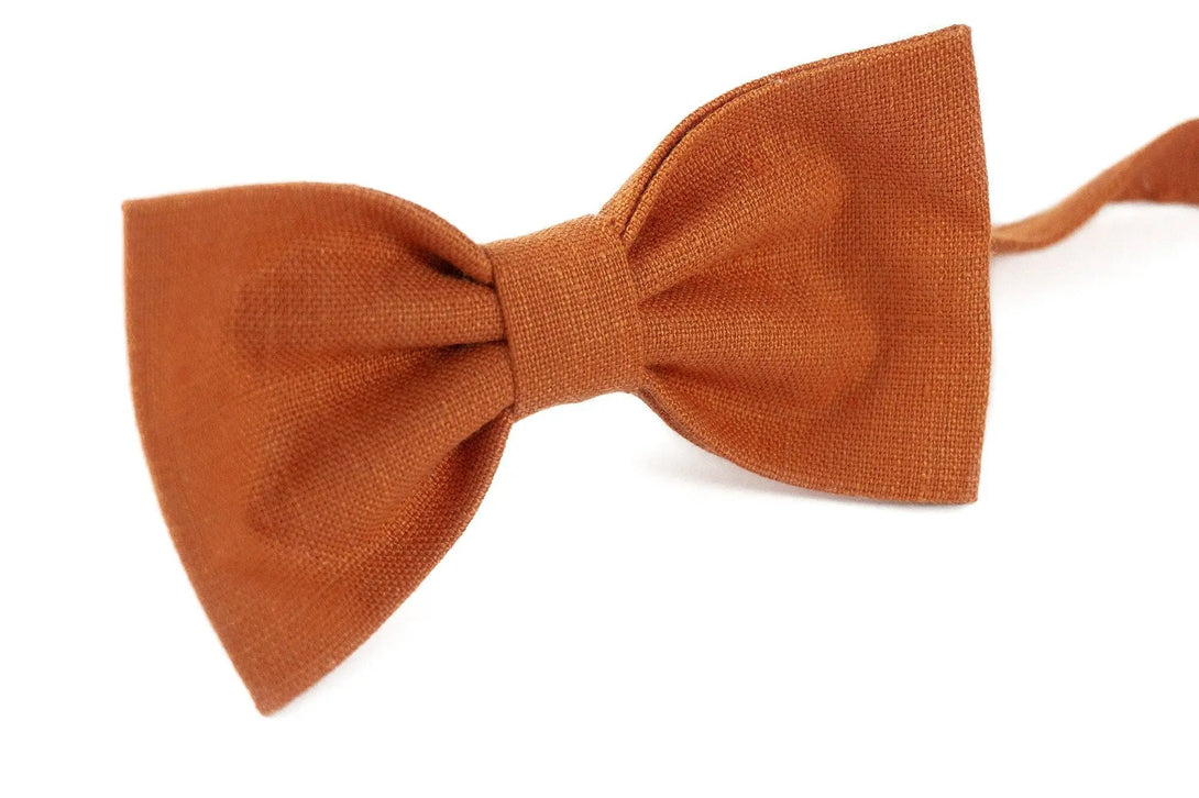 Burnt orange pre-tied butterfly bow ties for men and baby boys available with matching pocket square