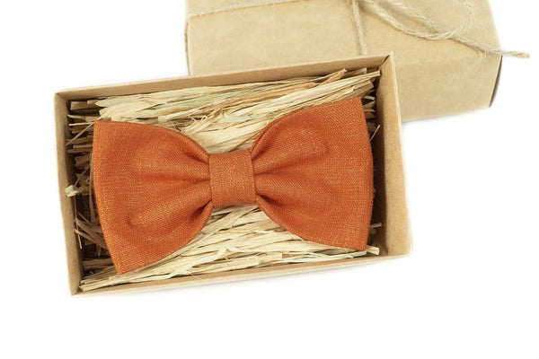 Burnt orange pre-tied butterfly bow ties for men and baby boys available with matching pocket square