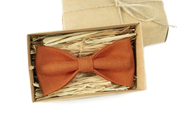 Burnt orange linen pre-tied ties for men and toddler boys / Groomsmen neckties for weddings