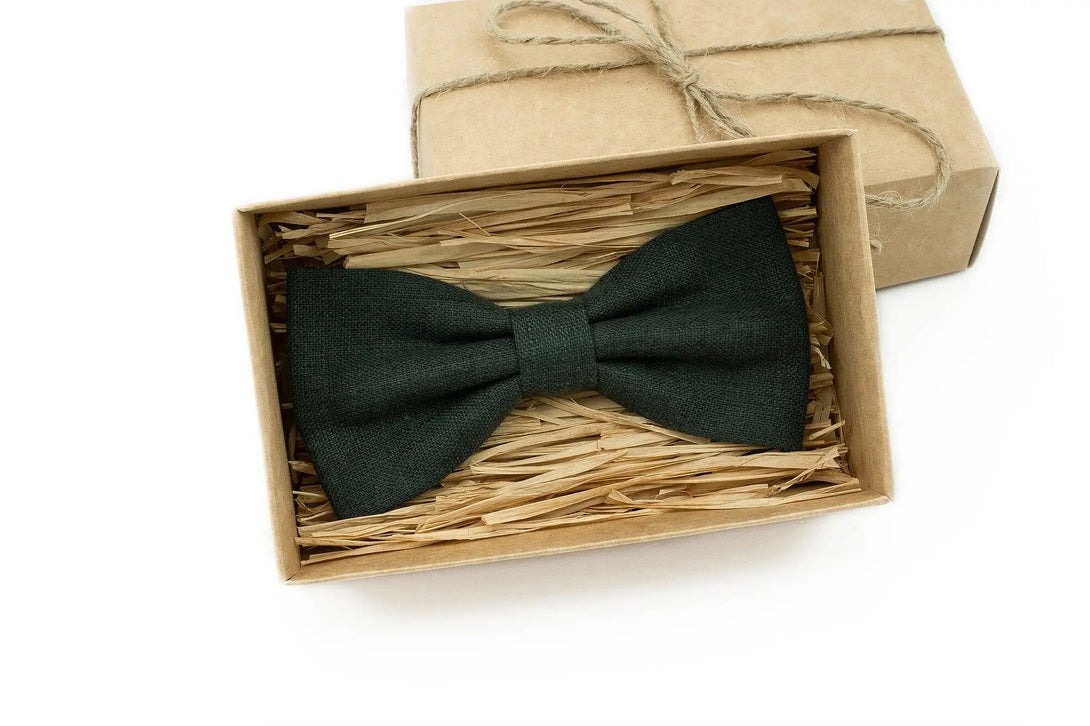 Smoke Pine color linen bow ties for men and baby boys / Pre-tied smoke pine bow ties available with matching pocket square