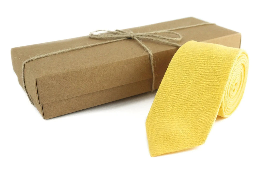 Yellow linen wedding necktie for groomsmen proposal gift available with matching handkerchief