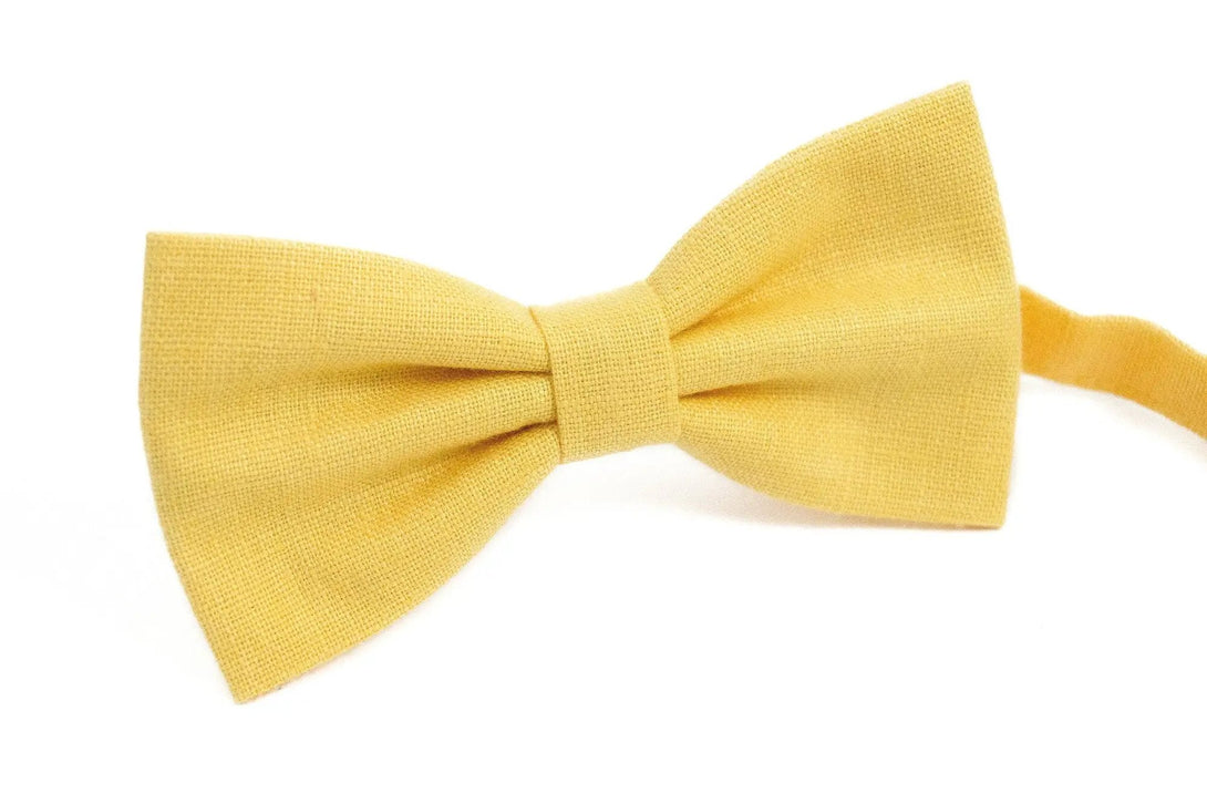 Yellow linen pre-tied bow ties for men and toddler boys available with matching handkerchief / Gift for men