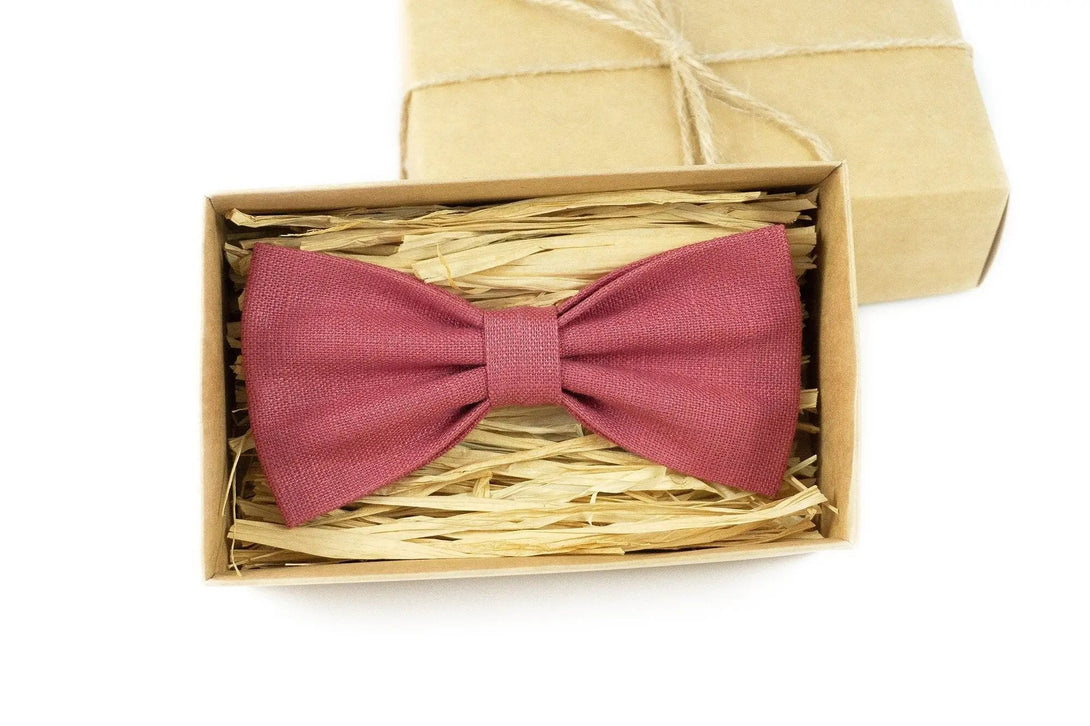 Dark rose butterfly linen bow ties for men and baby boys / Chianti rose groomsmen bow ties for weddings