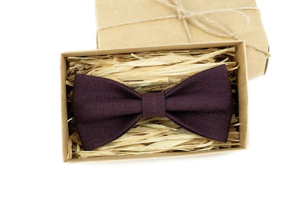 Eggplant color linen wedding bow ties for groomsman available with matching pocket square / Gift for men