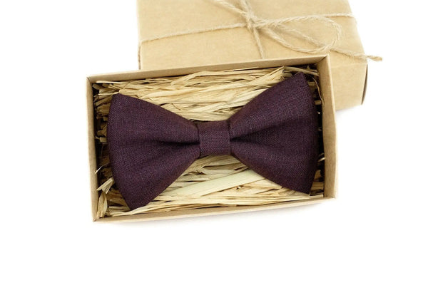 Eggplant color pre-tied men's butterfly bow tie made from eco-friendly linen / Handmade purple bow tie as unique gift for men