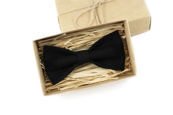 Black pre-tied ties for men / Linen men's bow ties available with matching pocket square