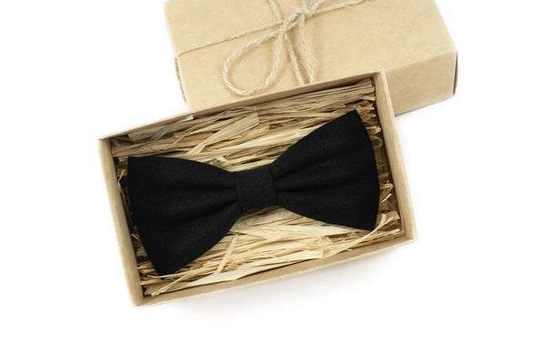 Black butterfly bow tie / Black linen men's tie for formal event or unique gift for men