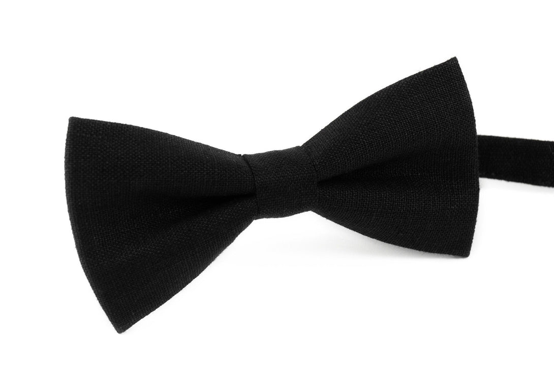 Black classic bow tie made from eco-friendly linen / Handmade skinny slim standard necktie for man