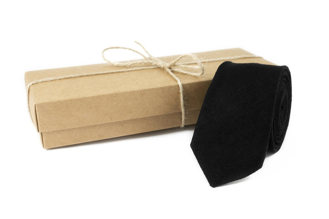 Black classic bow tie made from eco-friendly linen / Handmade skinny slim standard necktie for man