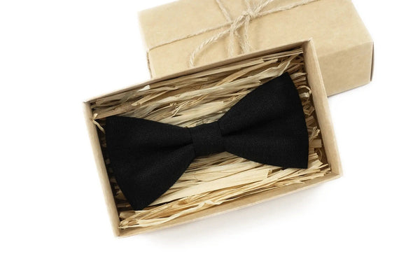 Black classic bow tie made from eco-friendly linen / Handmade skinny slim standard necktie for man