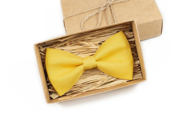 Bright Yellow color linen groomsmen tie for weddings / Daddy and son bow ties for fathers day gift