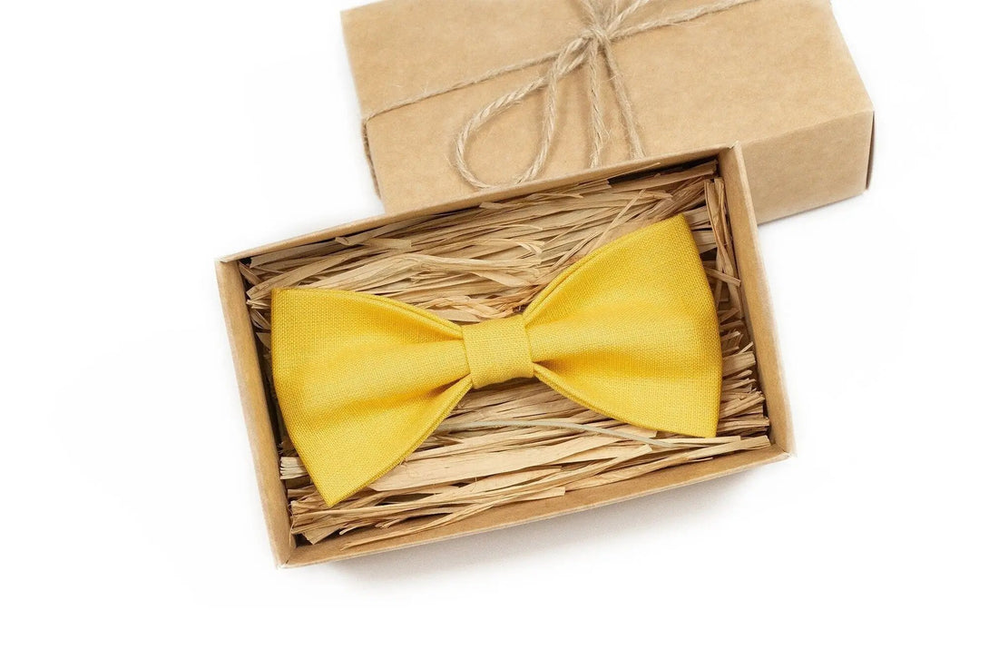 Bright Yellow color pre-tied best men ties for wedding available with matching pocket square / Linen usher and groomsmen ties