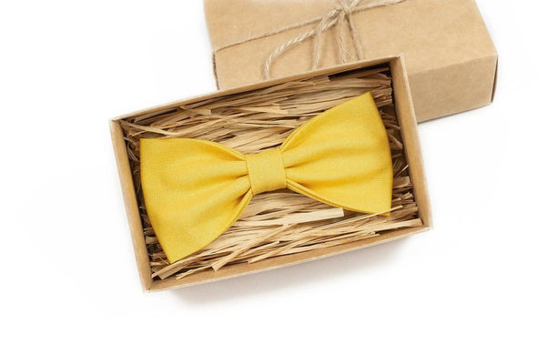 Bright Yellow color linen bow tie for man and toddler boys bow tie / Skinny slim or standard necktie for man available with pocket square