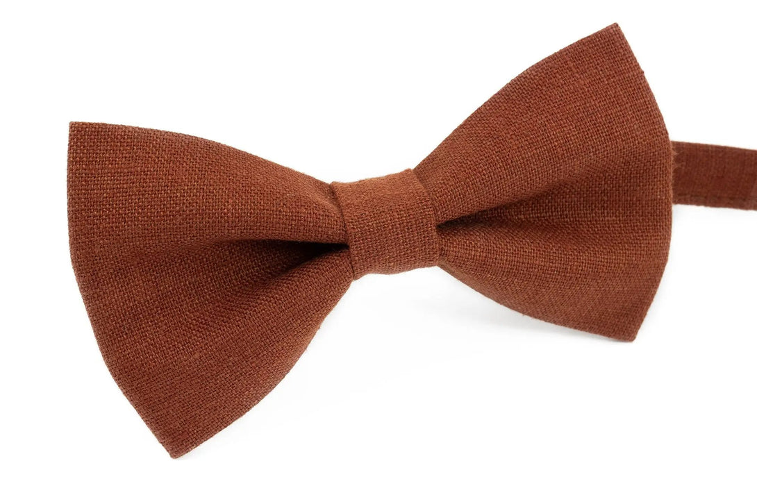 RUST color linen bow ties and neckties for men available with matching pocket square for weddings as groomsmen gift or gift for men