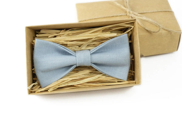 Dusty blue pre-tied men's bow ties available with matching pocket square / Groomsmen ties for weddings