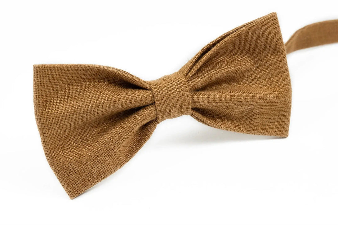 CAMEL color pre-tied linen butterfly bow tie available with matching pocket square / Camel brown skinny, slim, standard neckties for men