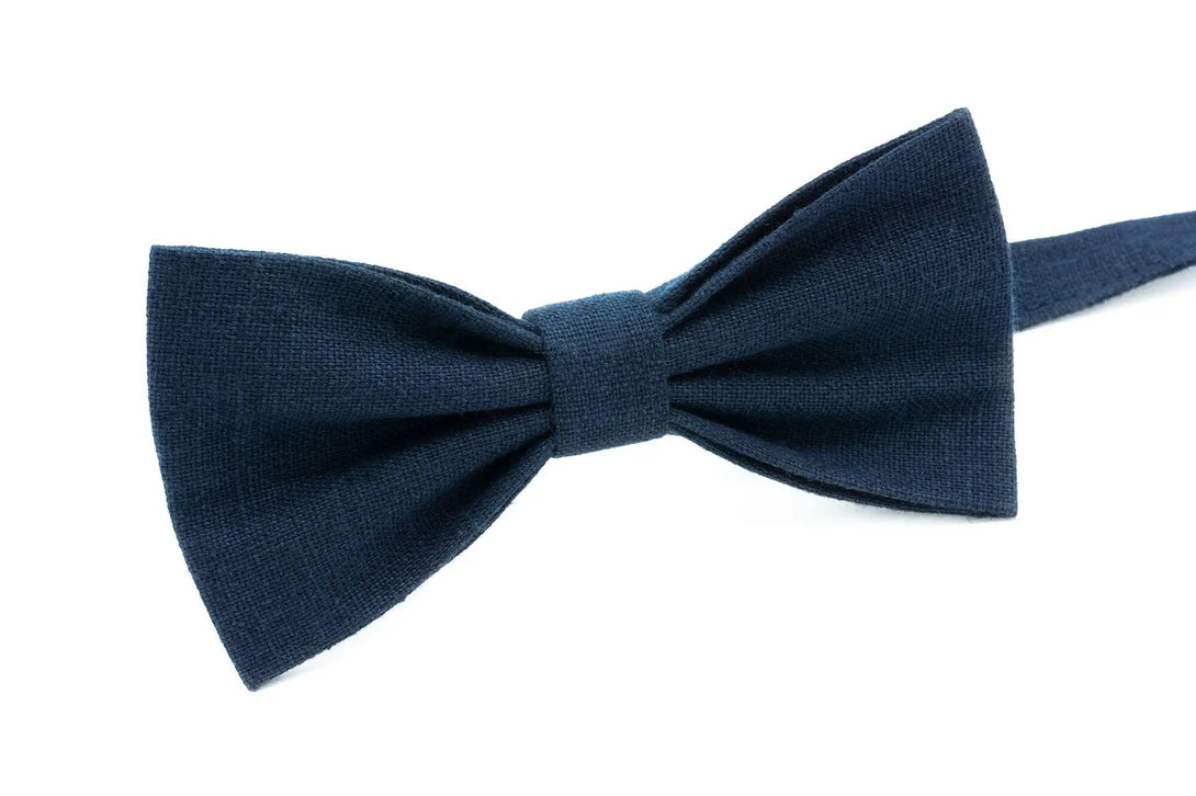 Midnight Blue color linen bow ties for men and baby boys / Pre-tied bow ties available with matching pocket square